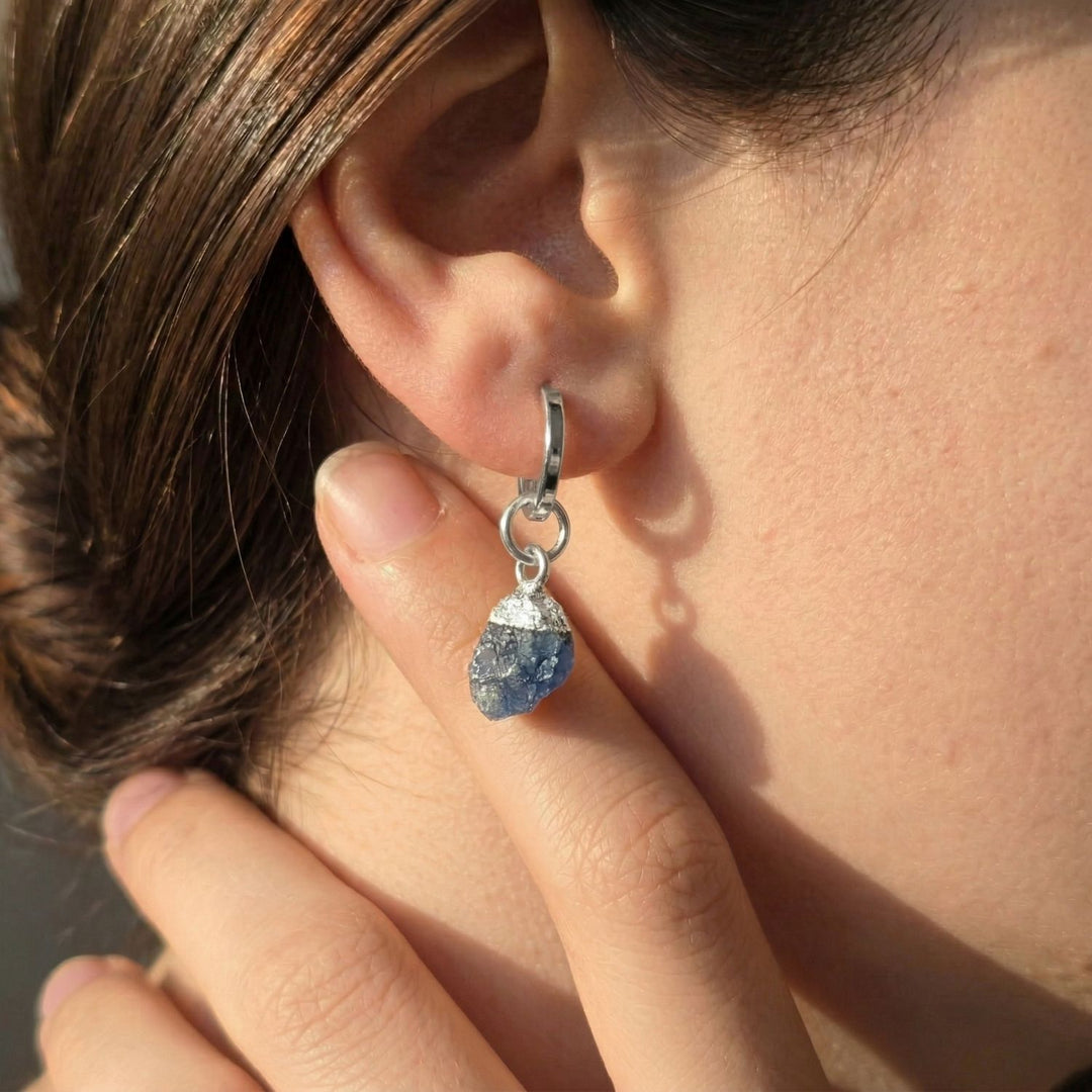 Raw Sapphire Sterling Silver Round Huggies