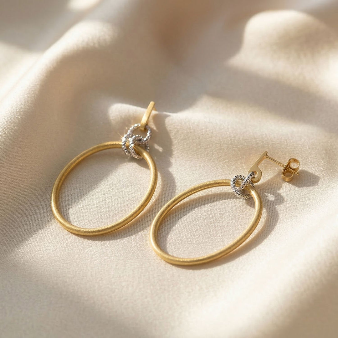 Elegant Two-Tone Diamond Cut Circle Drop Earrings with Gold-Plated Satin Finish