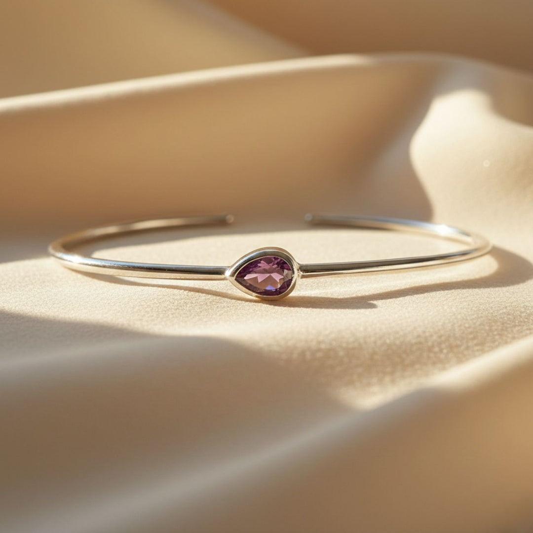 Minimalist Sterling Silver Amethyst February Birthstone Bangle Bracelet