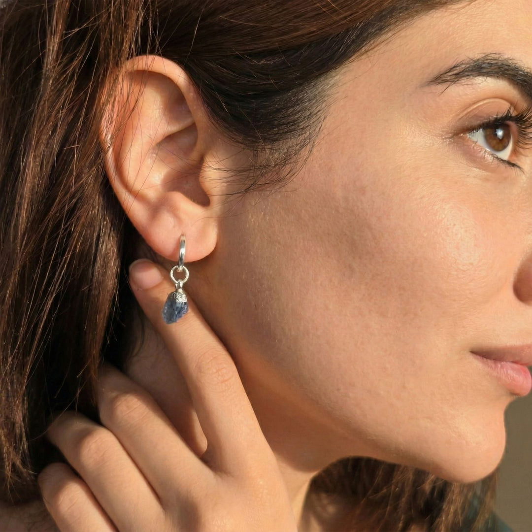Raw Sapphire Sterling Silver Round Huggies