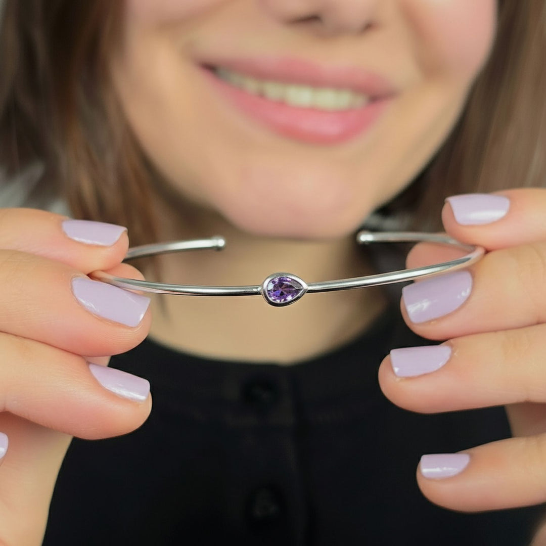 Minimalist Sterling Silver Amethyst February Birthstone Bangle Bracelet