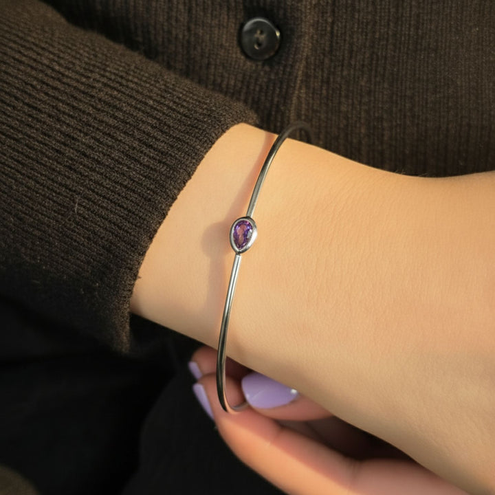 Minimalist Sterling Silver Amethyst February Birthstone Bangle Bracelet