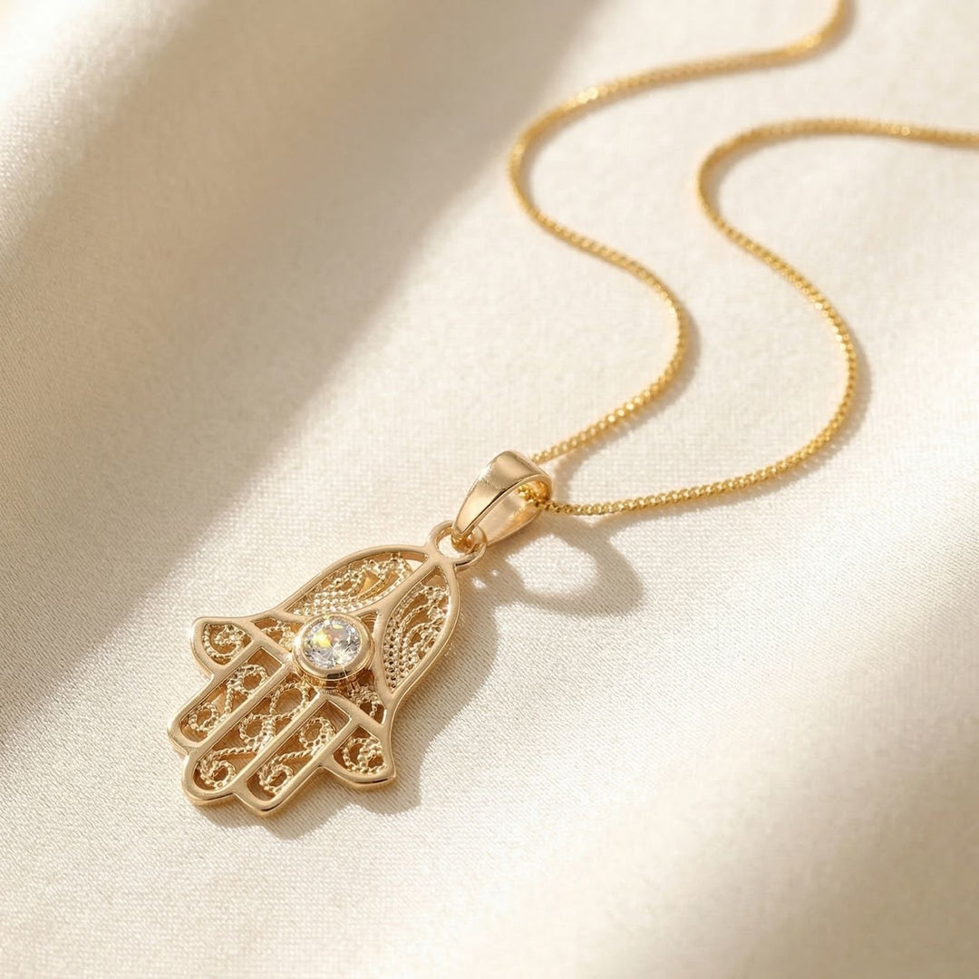 Dainty Hamsa Hand Pendant Charm Gold Plated Necklace