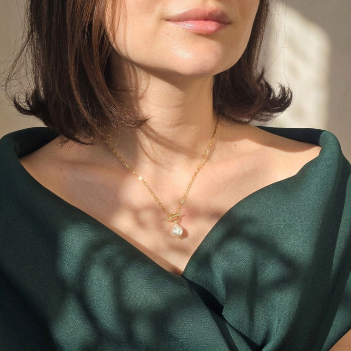 18ct Gold Vermeil Pearl T-Bar Necklace - June Birthstone