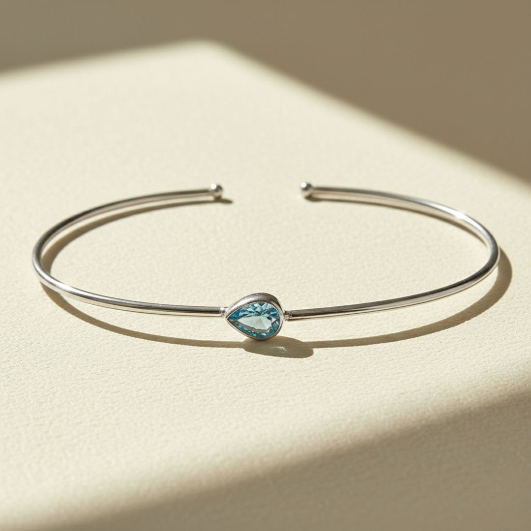 Minimalist Sterling Silver Aquamarine March Birthstone Bangle Bracelet