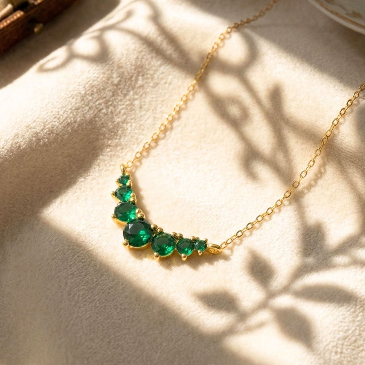Graduated Round Emerald Stones Gold Plated Necklace