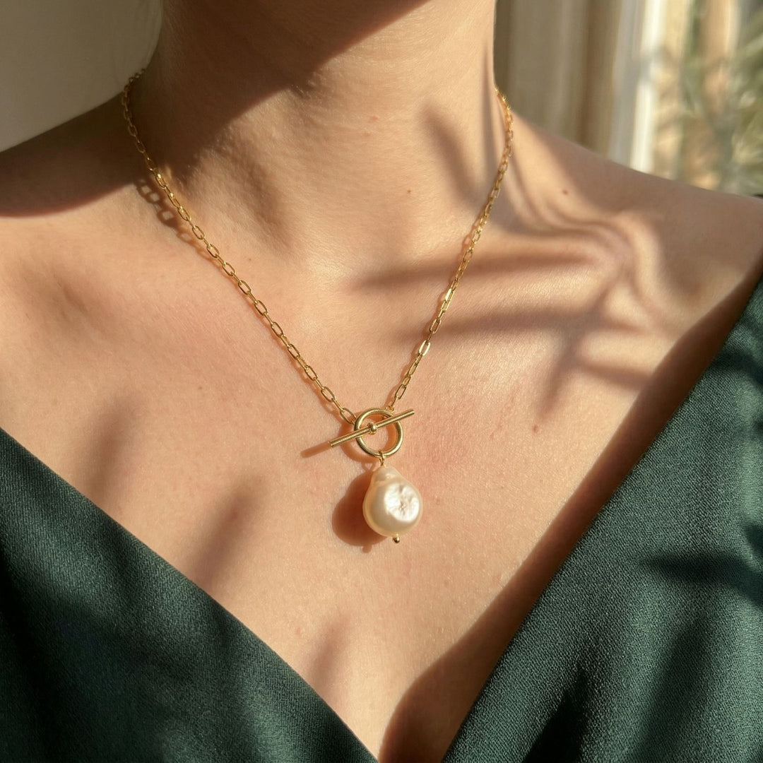 18ct Gold Vermeil Pearl T-Bar Necklace - June Birthstone