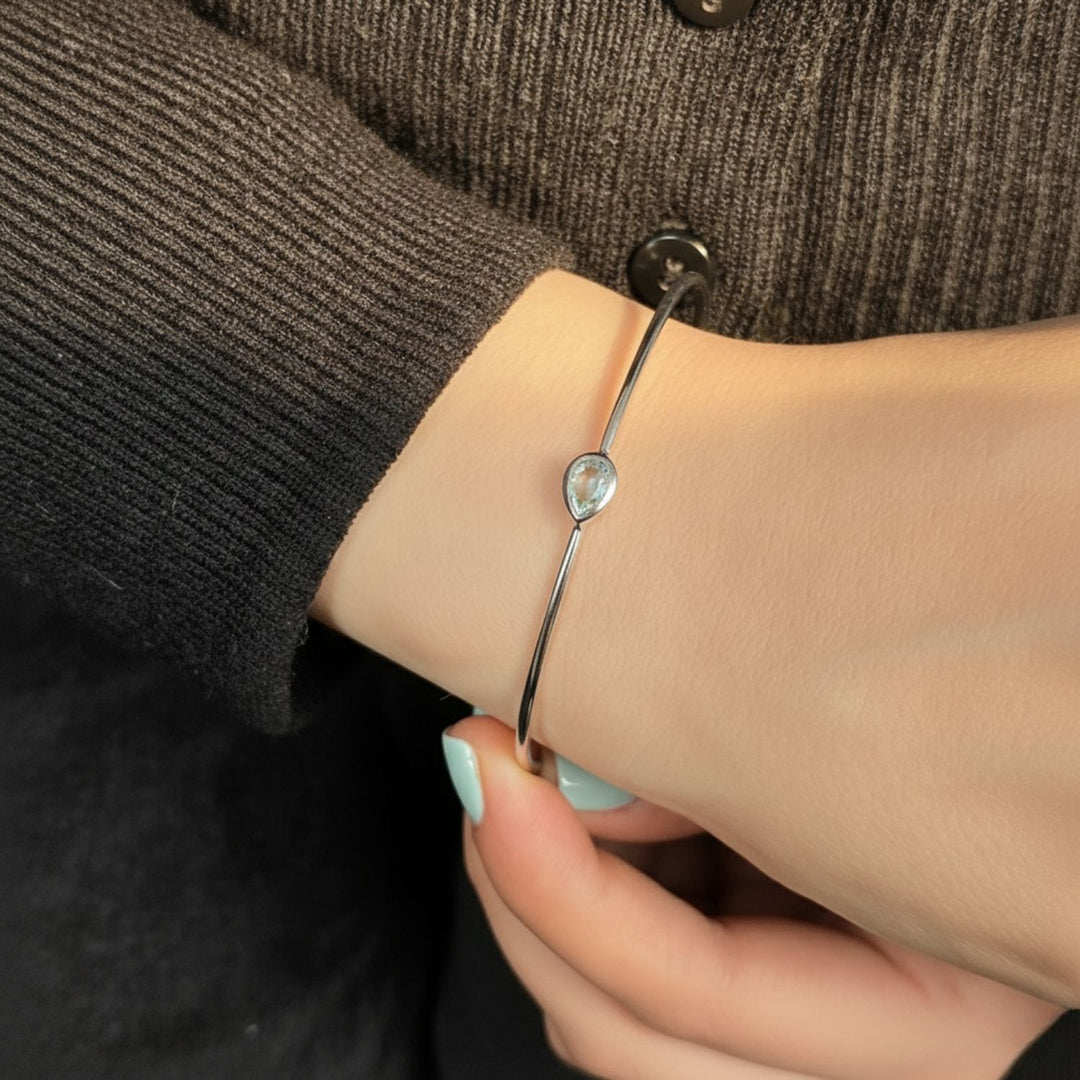 Minimalist Sterling Silver Aquamarine March Birthstone Bangle Bracelet