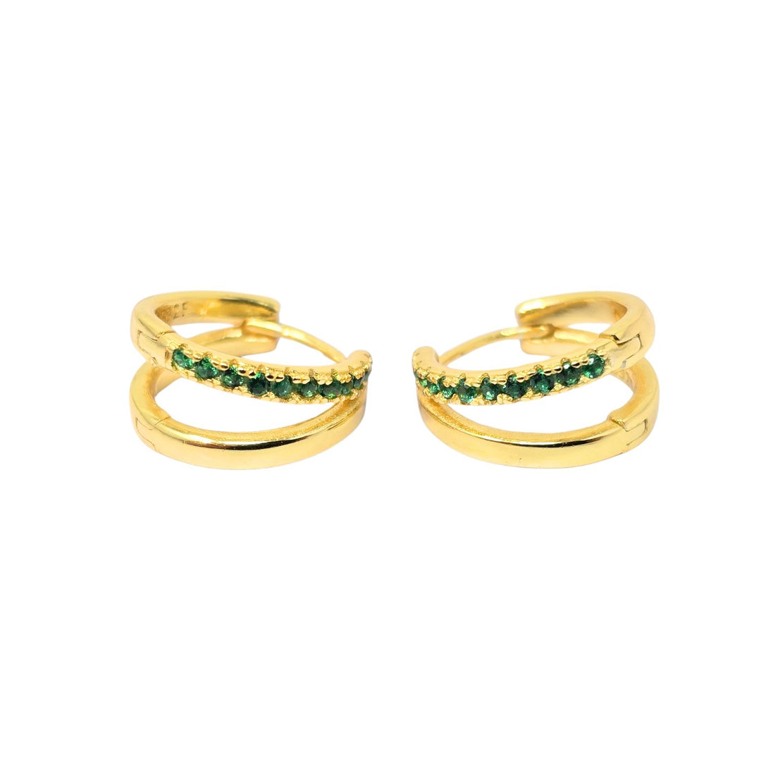 Emerald May Birthstone Double Hoop Small Huggie Gold Plated Earrings