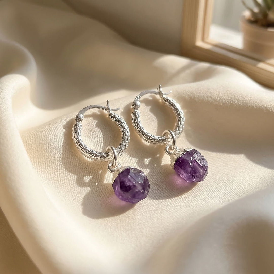 Raw Amethyst February Birthstone Huggie Hoops Sterling Silver Gemstone Earrings