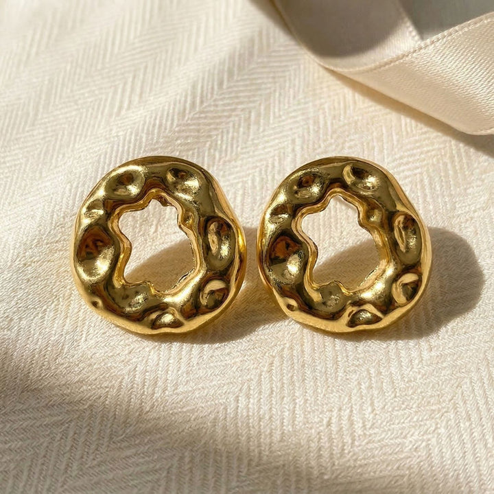 Bold Textured Doughnut Shaped Stud Gold Plated Earrings