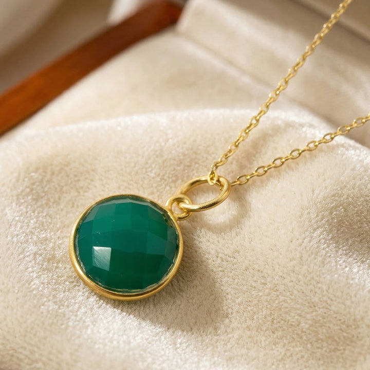 Gold Vermeil Plated Green Onyx May Birthstone Round Pendant Necklace