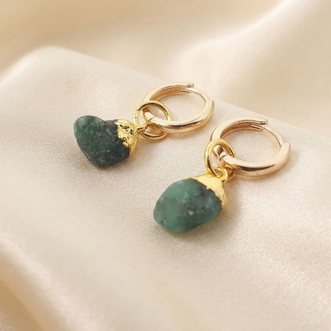 Raw Emerald May Birthstone Gold Plated Huggies