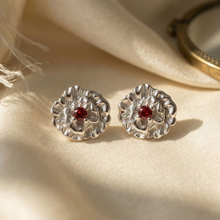 Garnet January Birthstone Carnation Birthflower Sterling Silver Stud Earrings