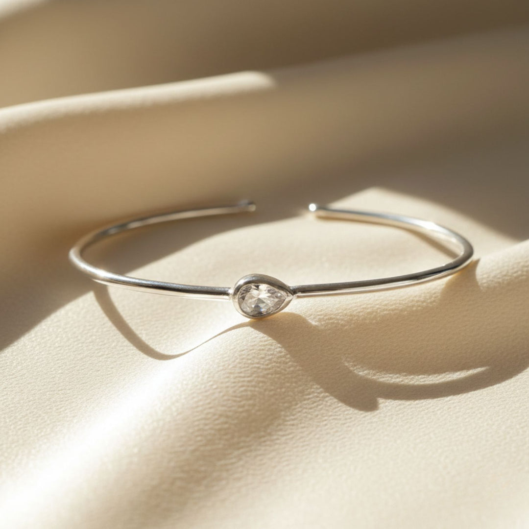 Minimalist Sterling Silver White Topaz April Birthstone Bangle Bracelet