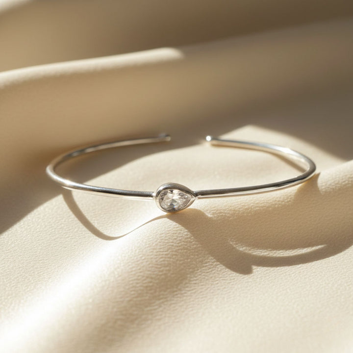 Minimalist Sterling Silver White Topaz April Birthstone Bangle Bracelet