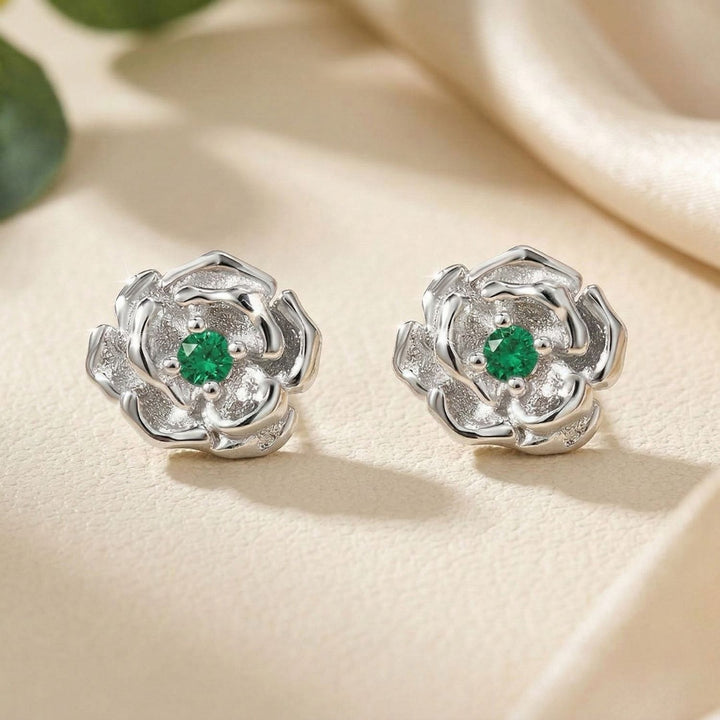 Emerald May Birthstone Hawthorn Birthflower Sterling Silver Stud Earrings