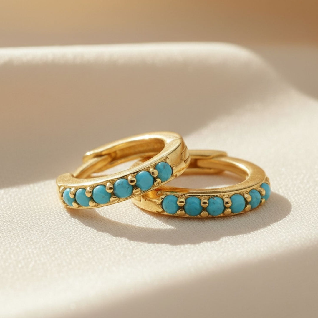 Turquoise December Birthstone Huggie Gold Plated Hoop Earrings