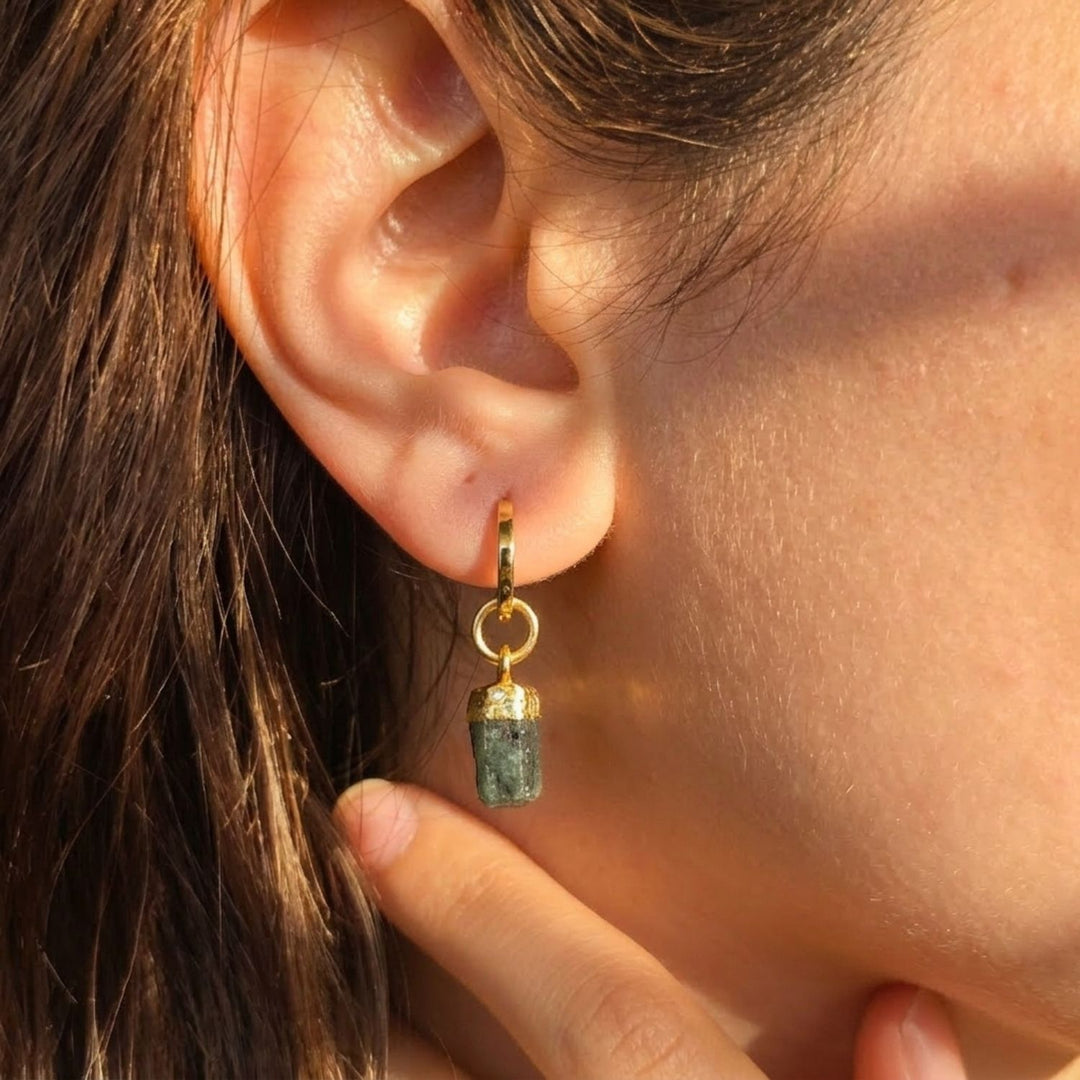 Raw Emerald May Birthstone Gold Plated Huggies