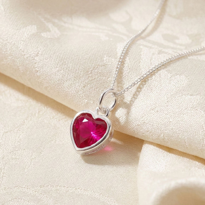 Mini Heart Silver Ruby July Birthstone Necklace