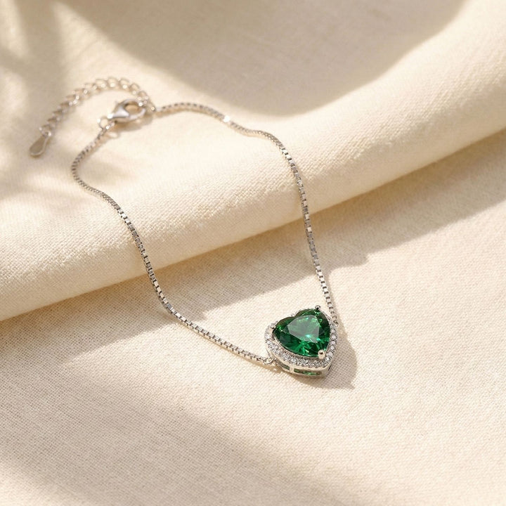 Emerald May Birthstone Love Heart Charm Sterling Silver Bracelet