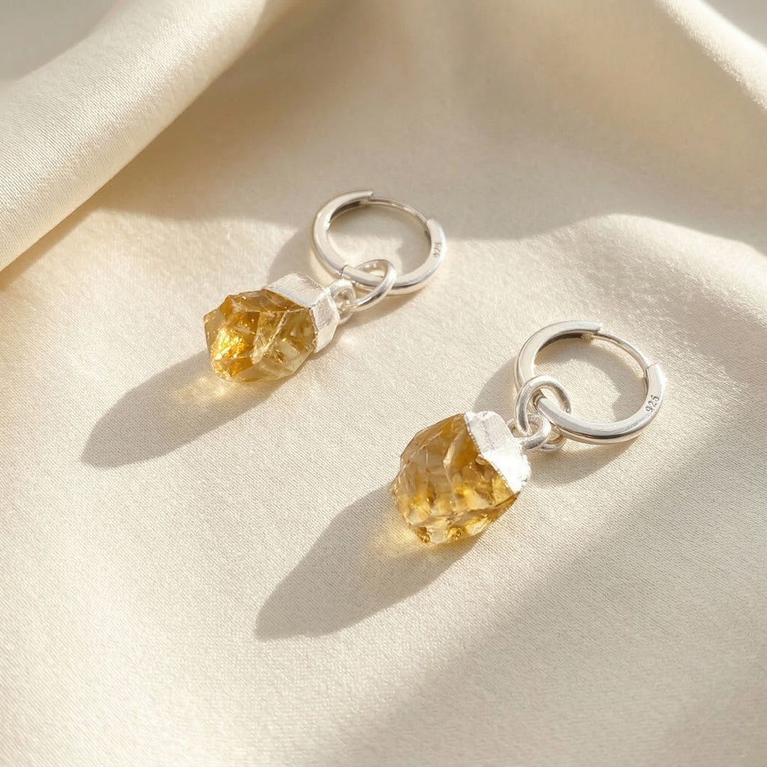 Raw Citrine November Birthstone Silver Huggies