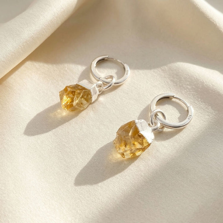 Raw Citrine November Birthstone Silver Huggies