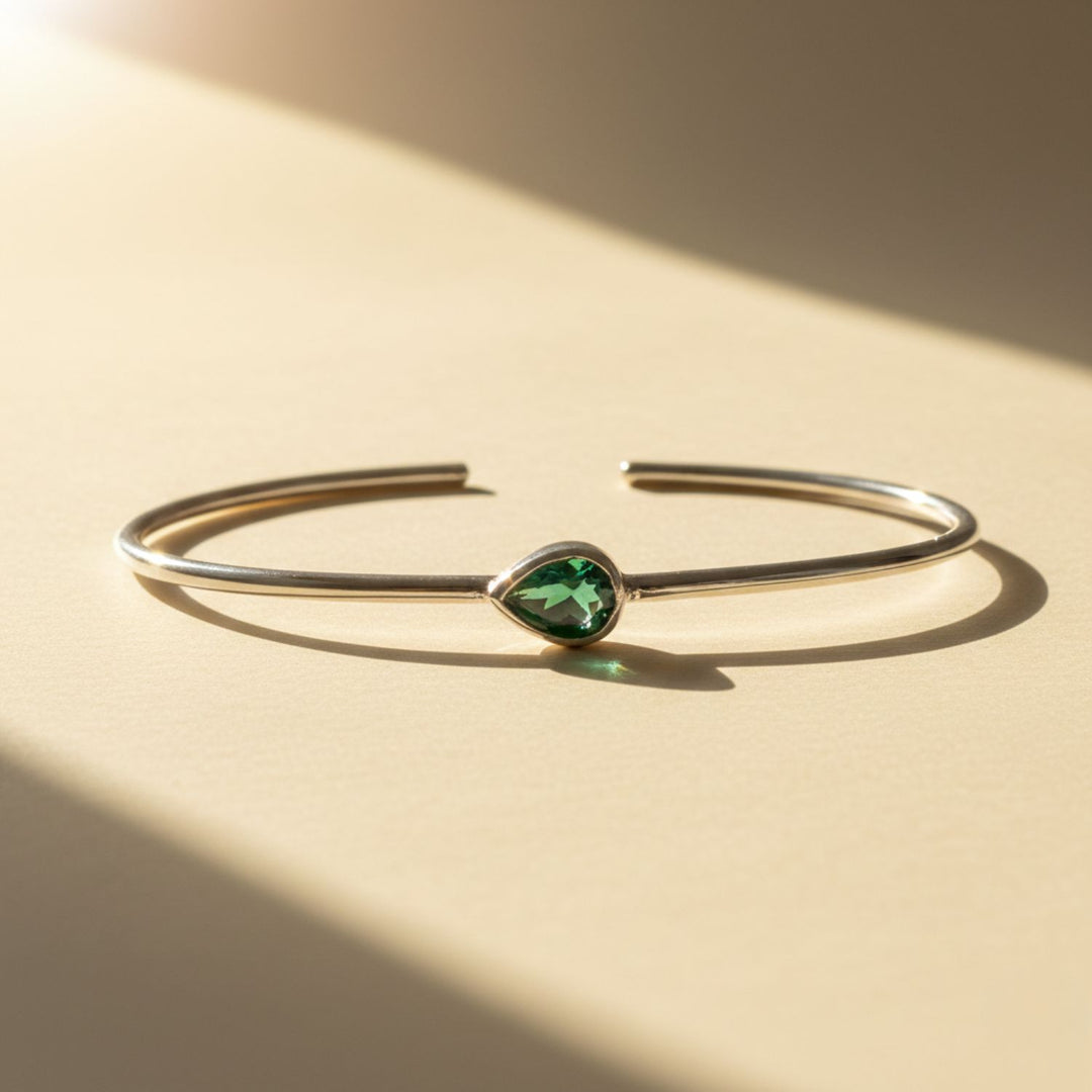 Minimalist Sterling Silver Emerald May Birthstone Bangle Bracelet