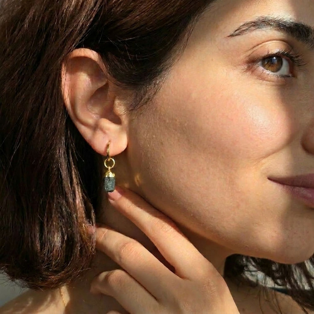 Raw Emerald May Birthstone Gold Plated Huggies