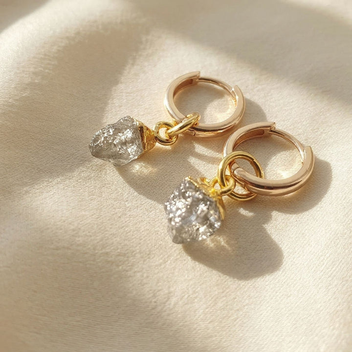 Raw Herkimer Diamond April Birthstone Gold Plated Huggies