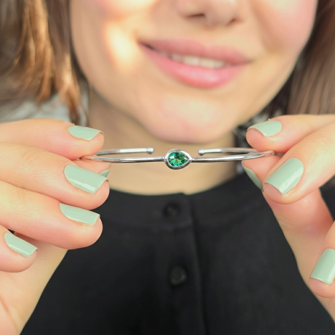 Minimalist Sterling Silver Emerald May Birthstone Bangle Bracelet