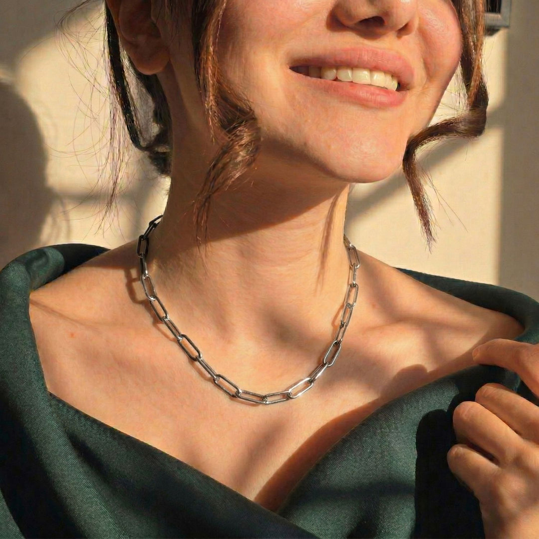 Statement Rhodium Filled Silver Paperclip Link Necklace