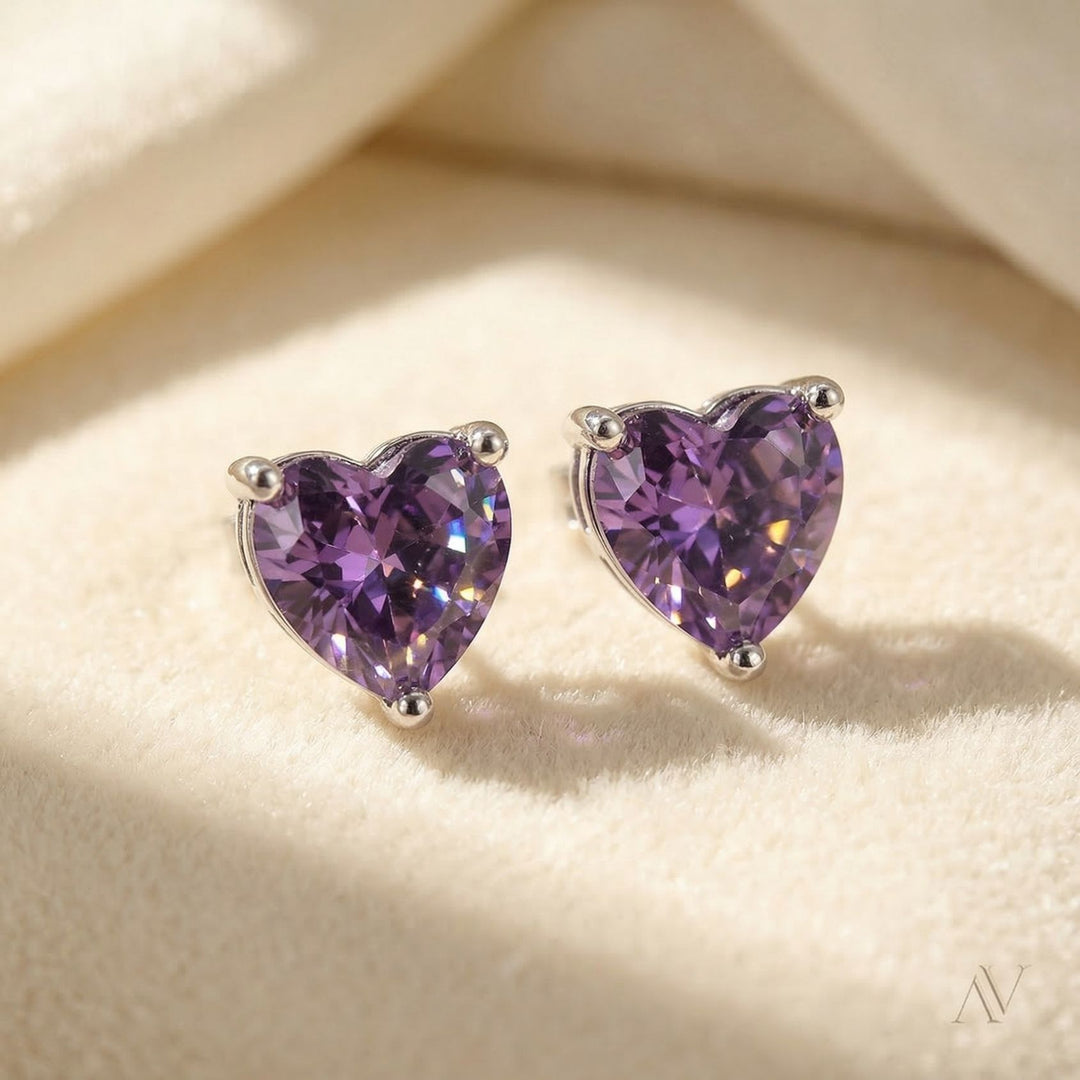 Amethyst Heart Sterling Silver Stud Gemstone Earrings