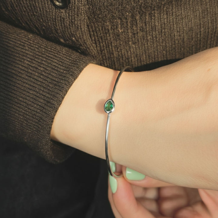 Minimalist Sterling Silver Emerald May Birthstone Bangle Bracelet