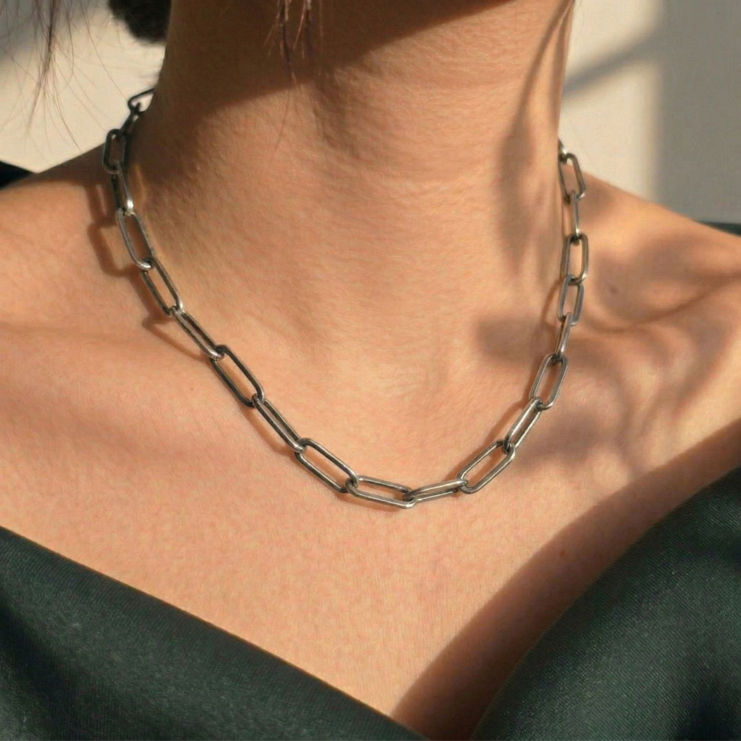 Statement Rhodium Filled Silver Paperclip Link Necklace
