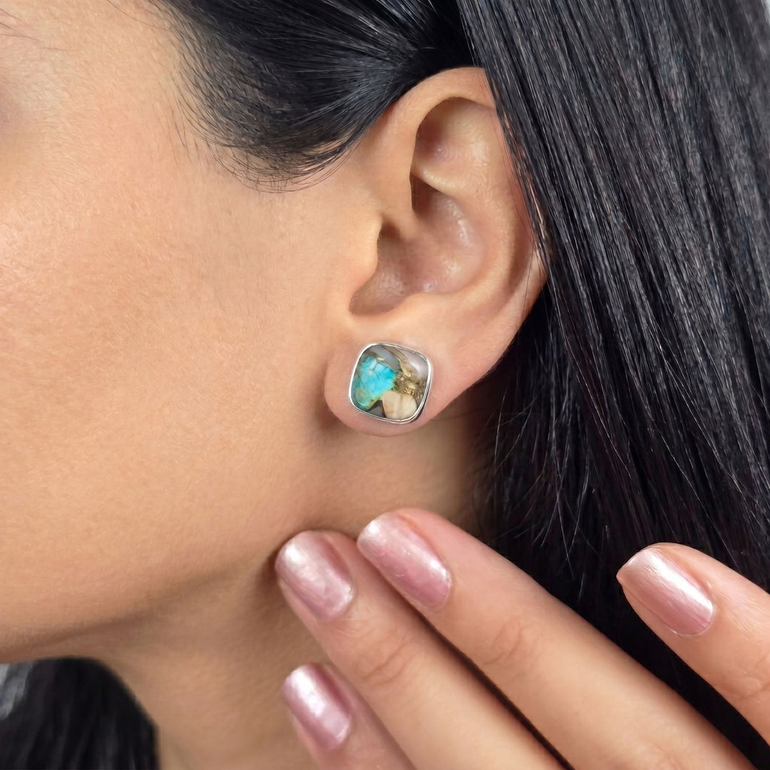 Opal Turquoise Sterling Silver Gemstone Stud Earrings