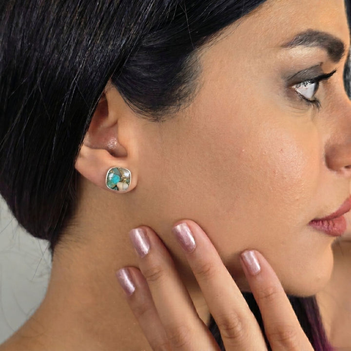 Opal Turquoise Sterling Silver Gemstone Stud Earrings