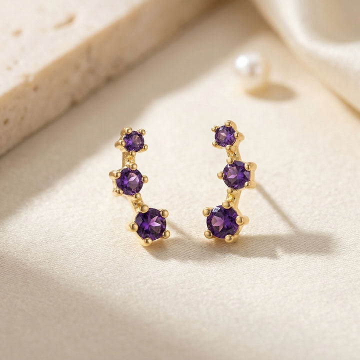 Tiny Amethyst February Birthstone Climber Stud Earrings