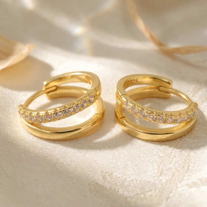 Diamond April Birthstone Double Hoop Small Huggie Gold Plated Earrings