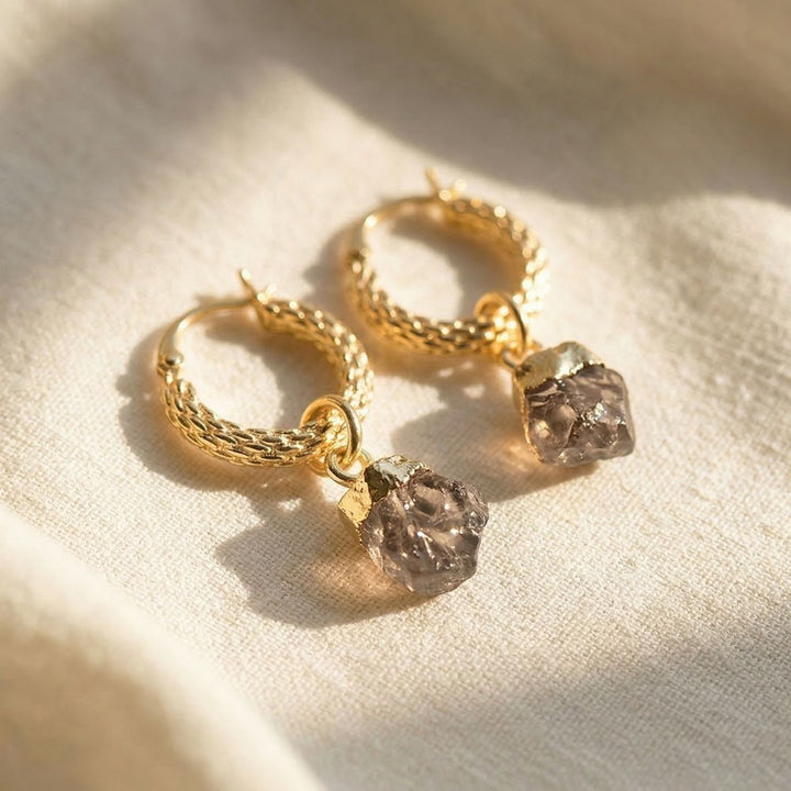 Raw Herkimer Diamond April Birthstone Huggie Hoops Gold Vermeil Plated Gemstone Earrings