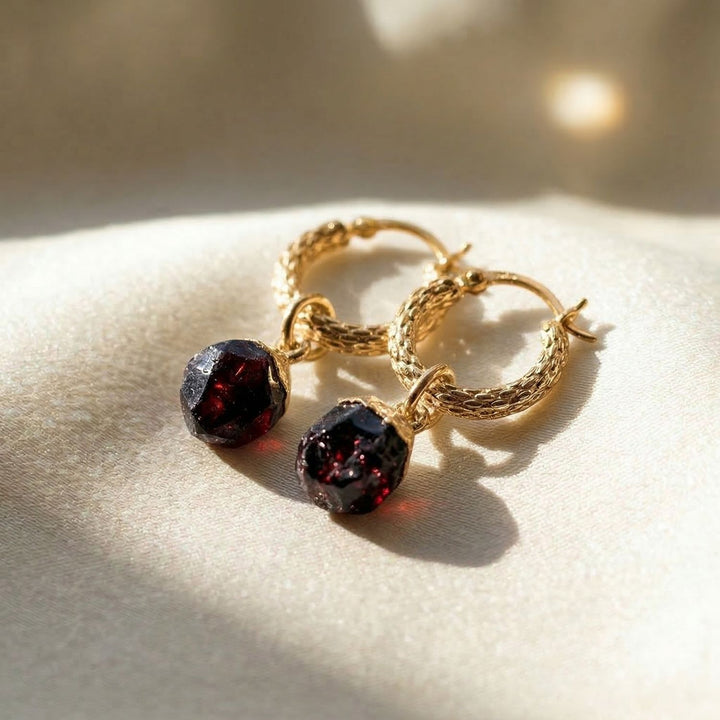 Raw Garnet January Birthstone Huggie Hoops Gold Vermeil Plated Gemstone Earrings