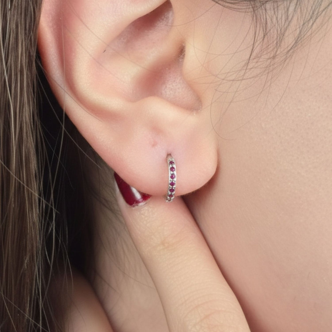 Garnet January Birthstone Small Silver Huggie Hoops