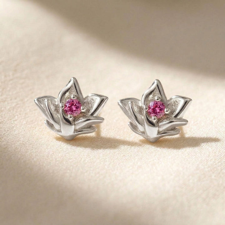 Ruby July Birthstone Larkspur Birthflower Sterling Silver Stud Earrings