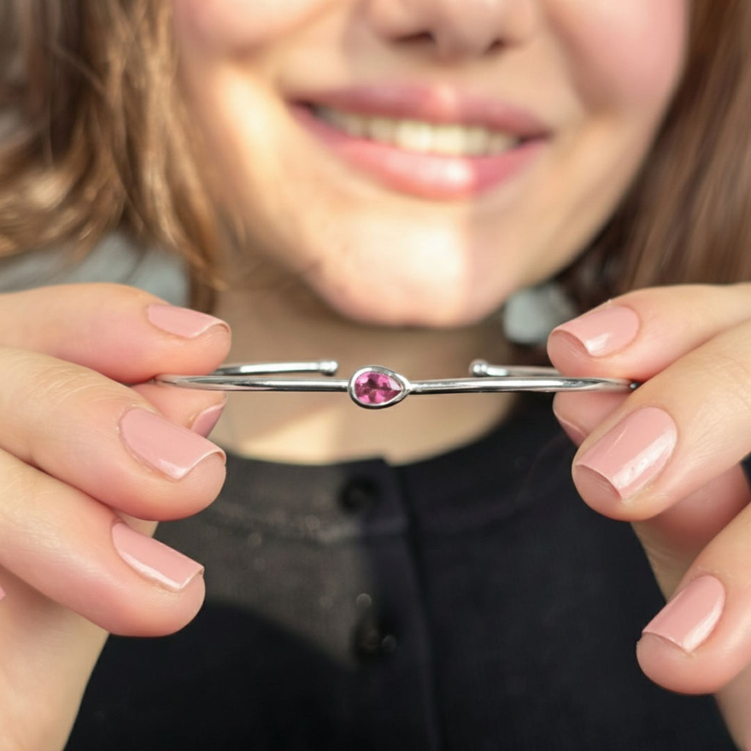 Minimalist Sterling Silver Ruby July Birthstone Bangle Bracelet