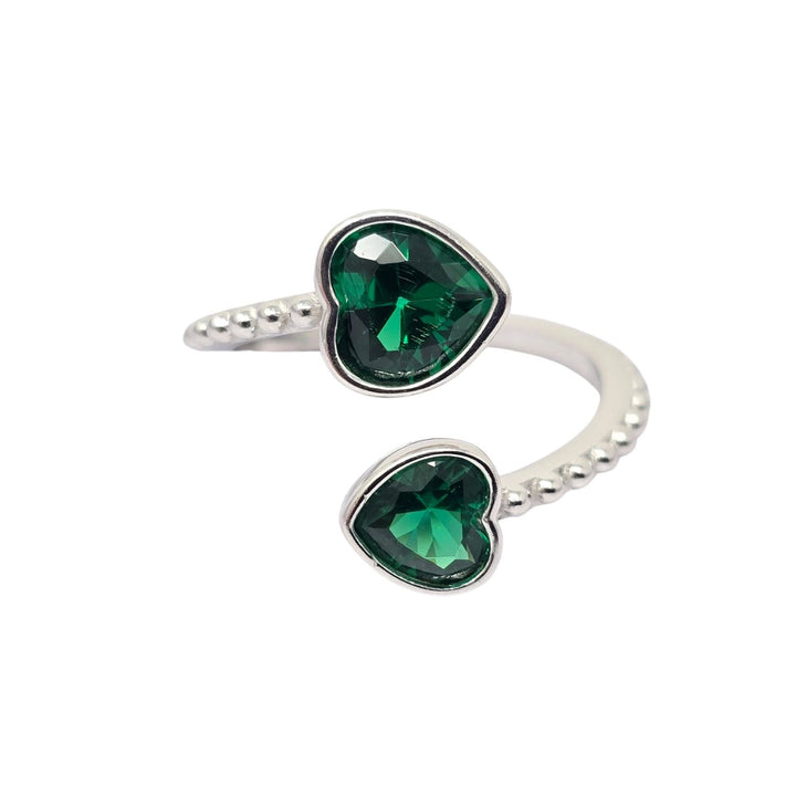 Double Heart Emerald Heart May Birthstone Adjustable Silver Ring 