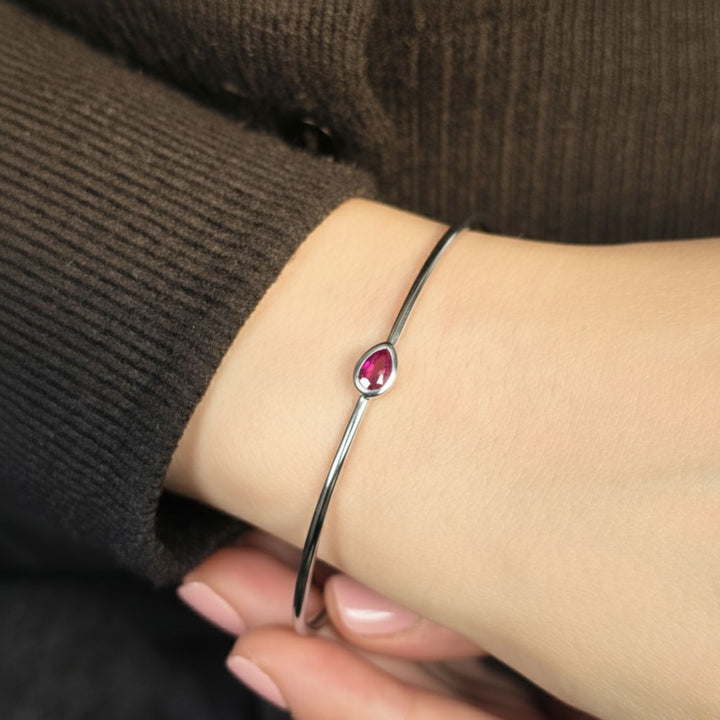 Minimalist Sterling Silver Ruby July Birthstone Bangle Bracelet