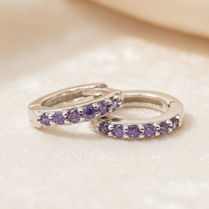 Amethyst February Birthstone Small Silver Huggie Hoops