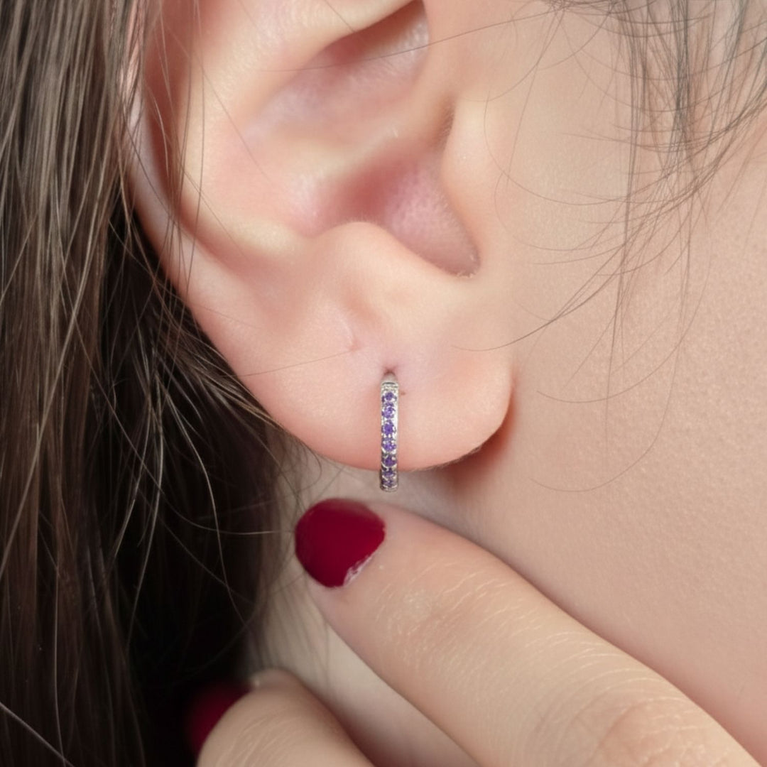 Amethyst February Birthstone Small Silver Huggie Hoops
