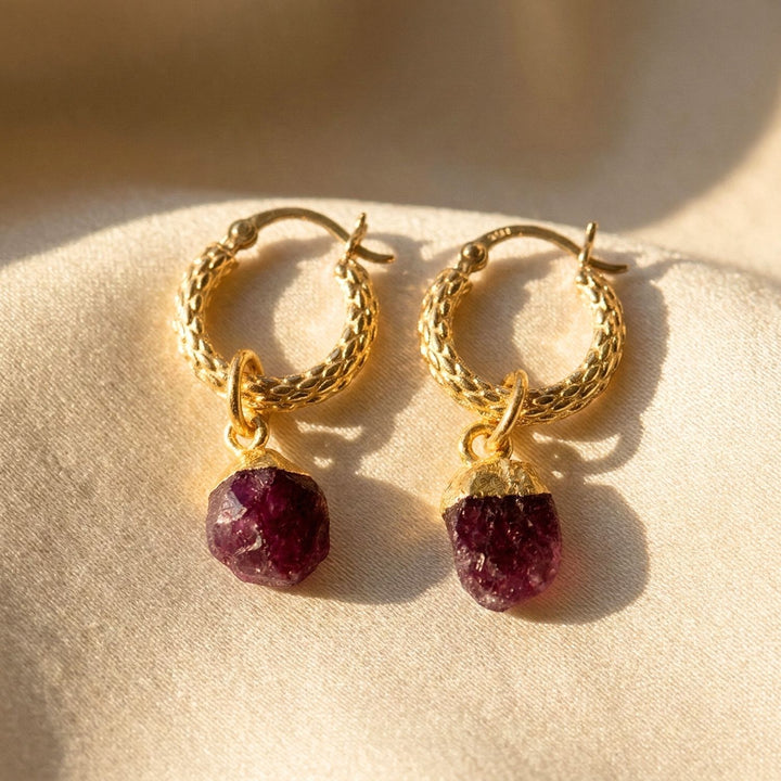 Raw Ruby July Birthstone Huggie Hoops Gold Vermeil Plated Gemstone Earrings