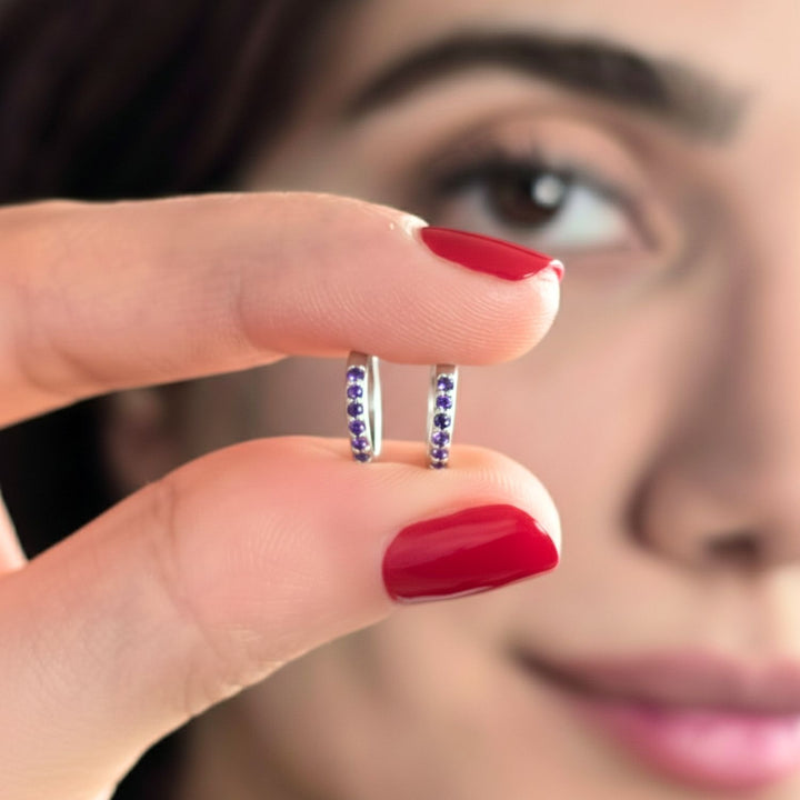 Amethyst February Birthstone Small Silver Huggie Hoops
